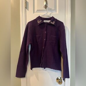 VTG "That's Me!" 100% Wool Embroidered Cardigan Purple Floral Grandma-core M b7